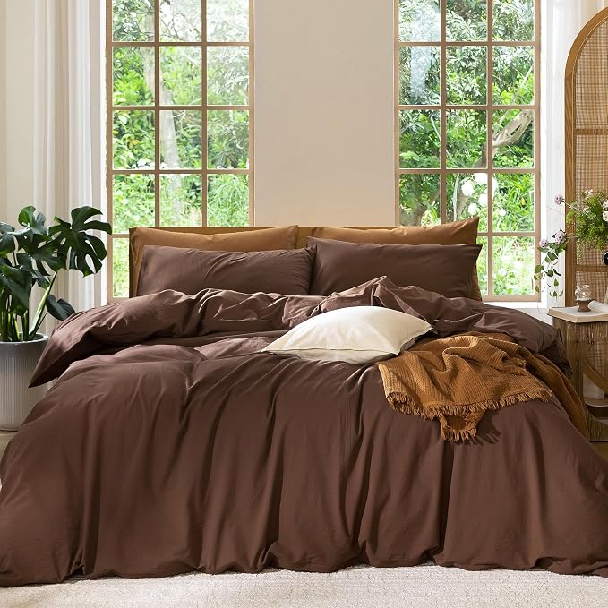 MooMee washed cotton duvet cover set, Queen, in a relaxed linen-like colour — cover and pillowcases laid out.